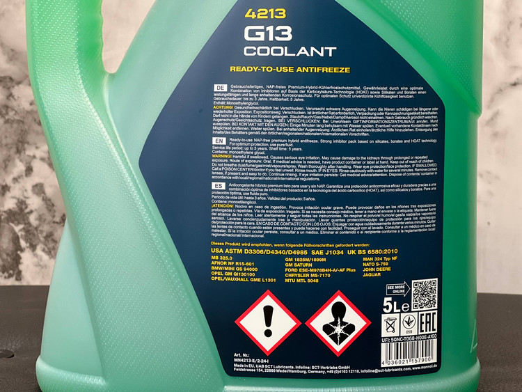 کولانت خودرو مانول 5 لیتر G13 رنگ سبز MANNOL / ساخت کشور آلمان اصل کد ۲۰۱۶۶۴