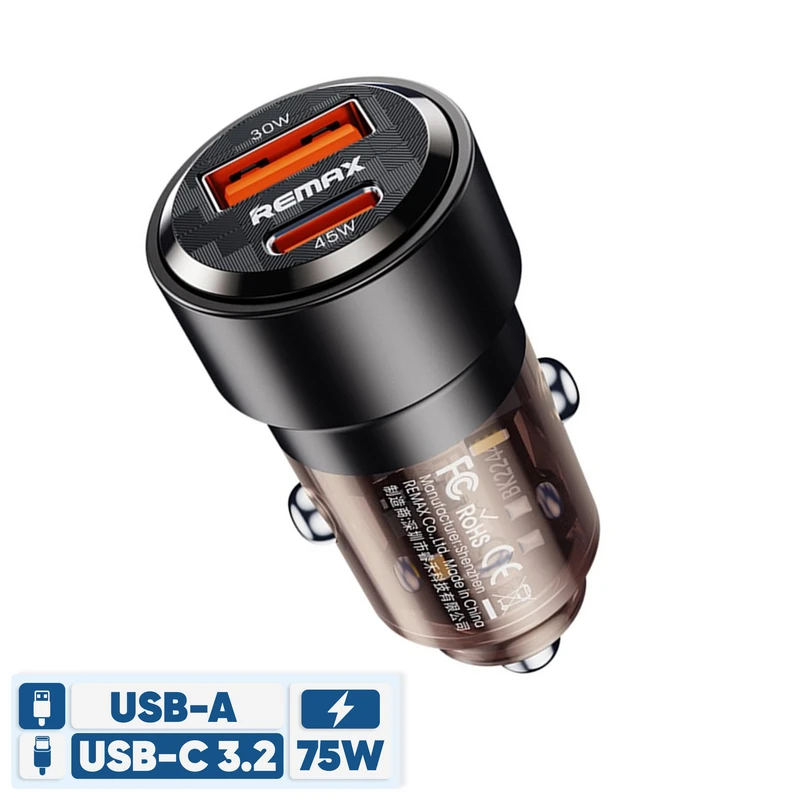 شارژر فندکی دو درگاه 75 وات ریمکس با پورت USB Type-C با توان 40 وات و USB-A با توان 30 وات، شارژ سریع و ایمن، بدنه آلومینیومی مقاوم و طراحی جمعوجور / مدل RCC360
