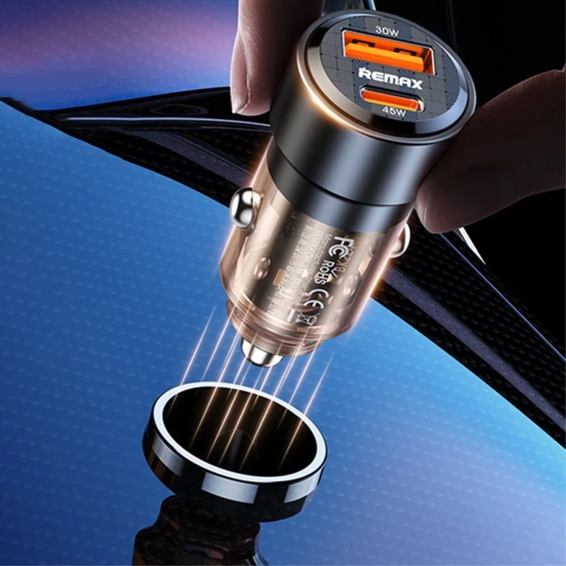 شارژر فندکی دو درگاه 75 وات ریمکس با پورت USB Type-C با توان 40 وات و USB-A با توان 30 وات، شارژ سریع و ایمن، بدنه آلومینیومی مقاوم و طراحی جمعوجور / مدل RCC360