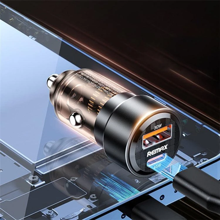 شارژر فندکی دو درگاه 75 وات ریمکس با پورت USB Type-C با توان 40 وات و USB-A با توان 30 وات، شارژ سریع و ایمن، بدنه آلومینیومی مقاوم و طراحی جمعوجور / مدل RCC360