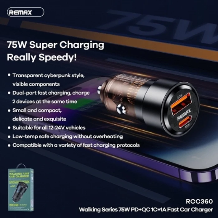 شارژر فندکی دو درگاه 75 وات ریمکس با پورت USB Type-C با توان 40 وات و USB-A با توان 30 وات، شارژ سریع و ایمن، بدنه آلومینیومی مقاوم و طراحی جمعوجور / مدل RCC360