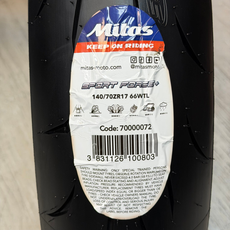 لاستیک میتاس 140/70/17 گل خلوت اسپرت فورس پلاس / + MITAS SPORT FORCE / ساخت اروپا کشور اسلوونی اصل / مناسب چرخ عقب کد 200552
