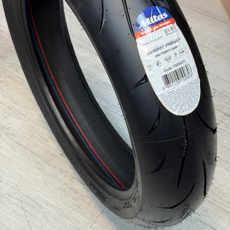 لاستیک میتاس 140/70/17 گل خلوت اسپرت فورس پلاس / + MITAS SPORT FORCE / ساخت اروپا کشور اسلوونی اصل / مناسب چرخ عقب کد 200552
