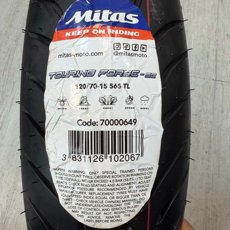 لاستیک میتاس 120/70/15 گل شلوغ تورینگ فورس / MITAS TOURING FORCE SC / ساخت اروپا کشور اسلوونی اصل / مناسب چرخ جلوJr300/ Xmax کد 200550