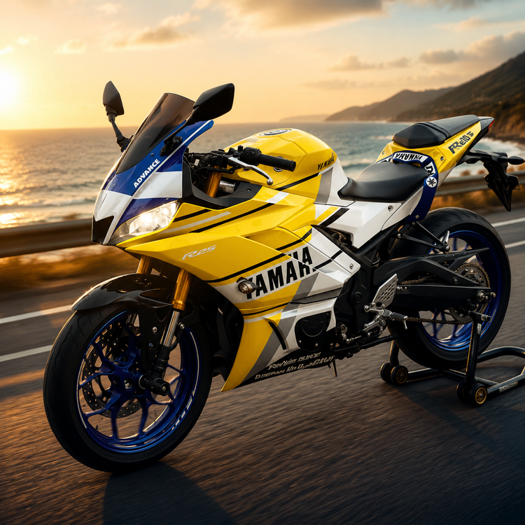 ست فلاپ کامل جشن 60 سالگی YAMAHA YZF‑R25 رنگ زرد آبی سفید Yellow & Speed Block livery