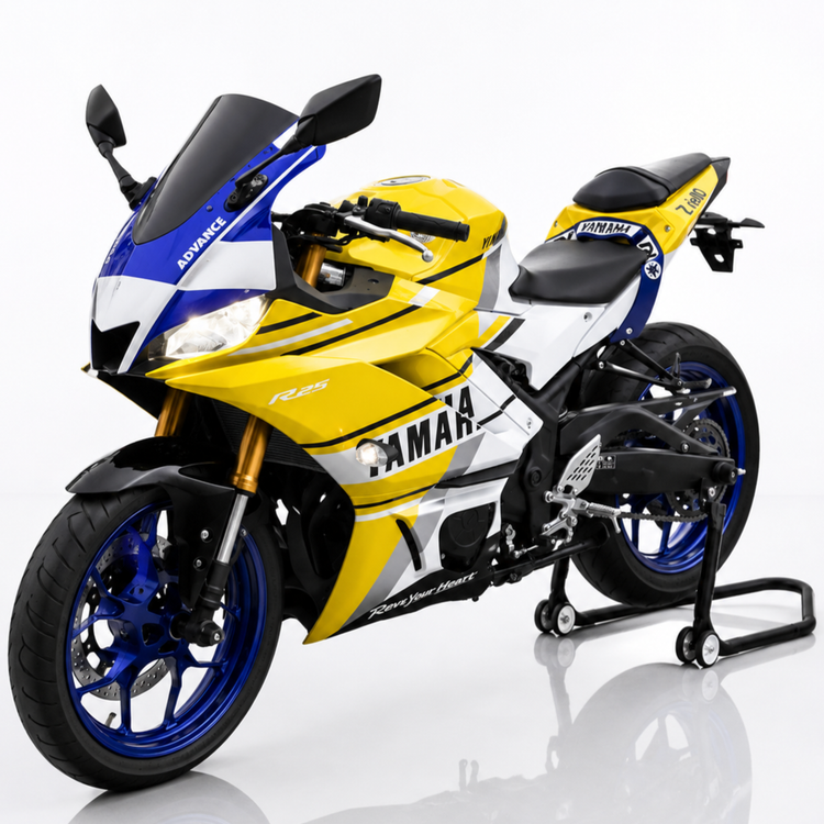 ست فلاپ کامل جشن 60 سالگی YAMAHA YZF‑R25 رنگ زرد آبی سفید Yellow & Speed Block livery