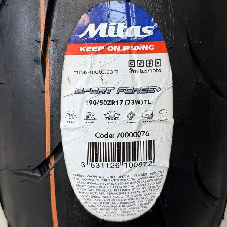 لاستیک میتاس 190/50/17 گل خلوت اسپرت فورس پلاس / +MITAS SPORT FORCE / ساخت اروپا کشور اسلوونی اصل / مناسب چرخ عقب کد 200724