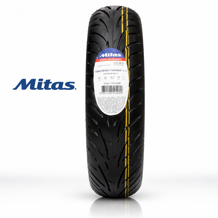 لاستیک میتاس 120/70/14 گل شلوغ تورینگ فورس / MITAS TOURING FORCE SC / ساخت اروپا کشور اسلوونی اصل / جلو Joymax -Aerox / کد 200744
