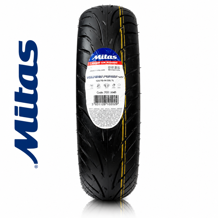 لاستیک میتاس 120/70/14 گل شلوغ تورینگ فورس / MITAS TOURING FORCE SC / ساخت اروپا کشور اسلوونی اصل / جلو Joymax -Aerox / کد 200744