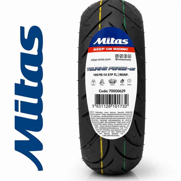 لاستیک میتاس 100/90/14 گل شلوغ تورینگ فورس / MITAS TOURING FORCE SC / ساخت اروپا کشور اسلوونی اصل / جلو AEROX / جلو J200 / جلو JT200 عقب Click کد ۲۰۰۵۴۸