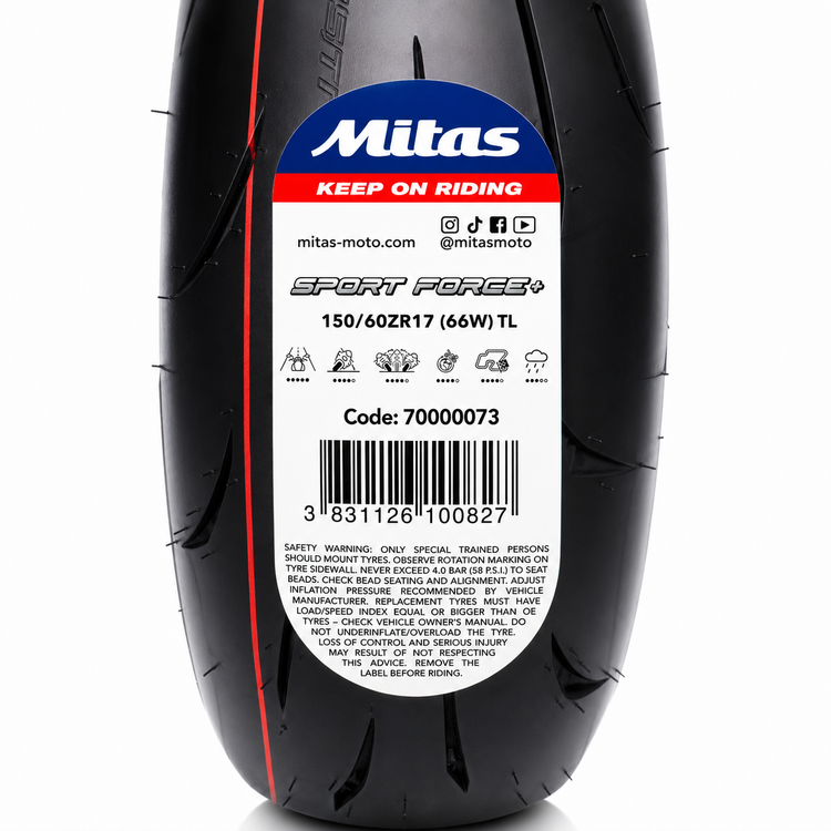 لاستیک میتاس 150/60/17 گل خلوت اسپرت فورس پلاس / +MITAS SPORT FORCE / ساخت اروپا کشور اسلوونی اصل / عقب کد 200747
