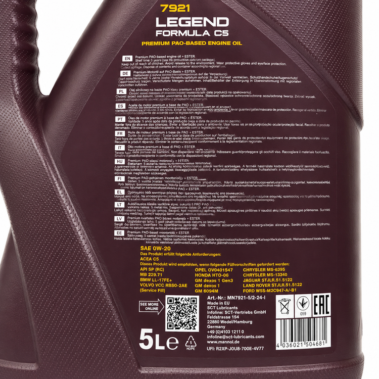 روغن موتور خودرو فرمول افسانه ای مانول Mannol Legend Formula C5 0W‑20 ساخت آلمان اصل کد 201850