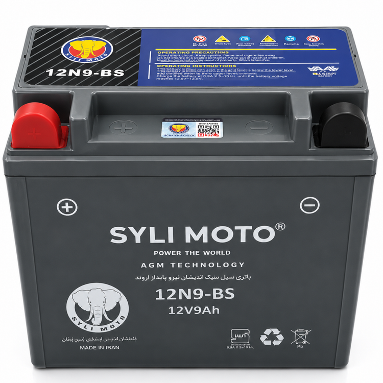 باتری موتورسیکلت 12ولت 9آمپر بلند SYLIMOTO / کد 200861