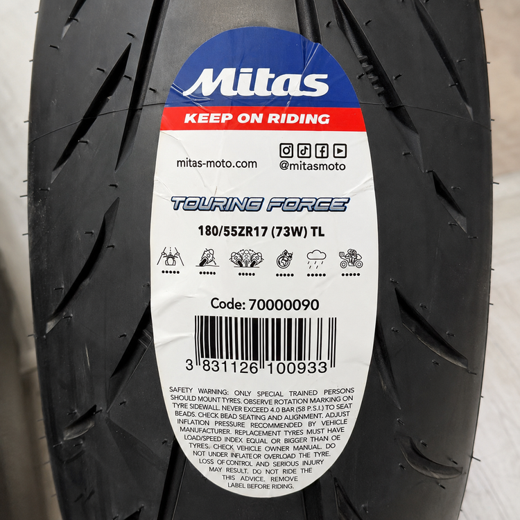 لاستیک میتاس 180/55/17 گل شلوغ تورینگ فورس / MITAS TOURING FORCE SC / ساخت اروپا کشور اسلوونی اصل / مناسب چرخ عقب کد 200593