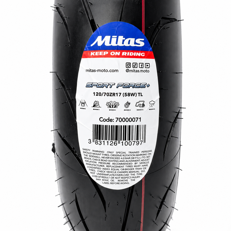 لاستیک میتاس 120/70/17 گل خلوت اسپرت فورس / MITAS SPORT FORCE / ساخت اروپا کشور اسلوونی اصل / جلو کد 201392
