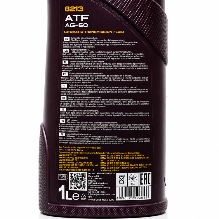 روغن گیربکس خودرو مانول MANNOL ATF AG-60 8213 مناسب گیربکس 6 سرعته ساخت آلمان اصل کد 201852