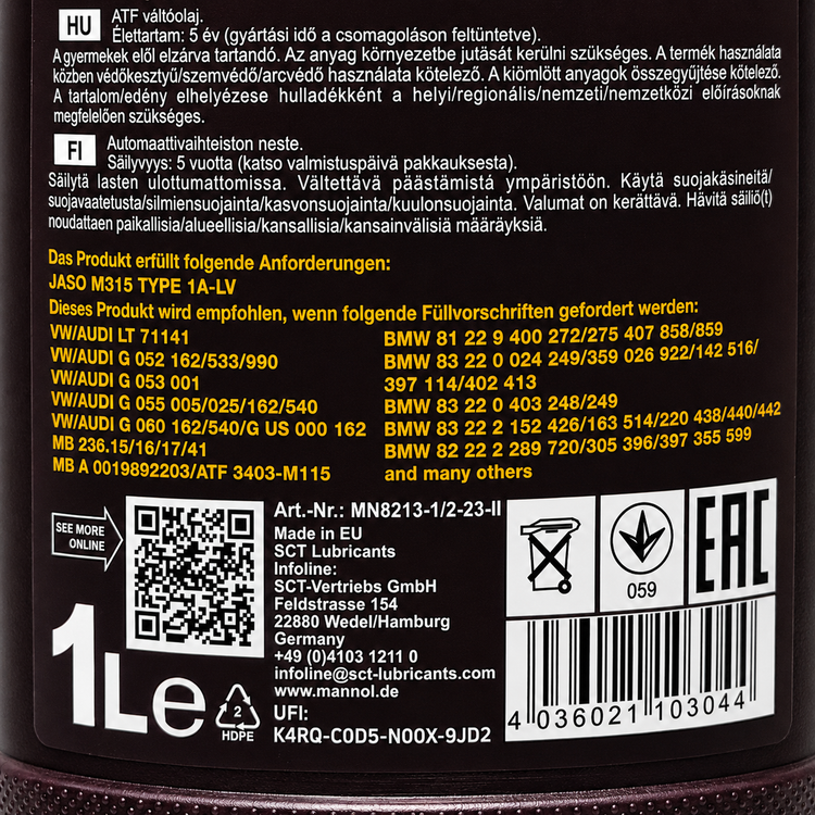 روغن گیربکس خودرو مانول MANNOL ATF AG-60 8213 مناسب گیربکس 6 سرعته ساخت آلمان اصل کد 201852