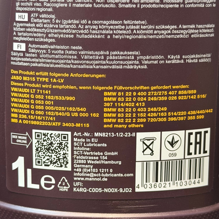 روغن گیربکس خودرو مانول MANNOL ATF AG-60 8213 مناسب گیربکس 6 سرعته ساخت آلمان اصل کد 201852