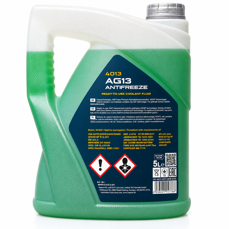 کولانت ضدیخ ضدجوش خودرو مانول 5 لیتر MANNOL COOLANT Antifreeze G13 4013 رنگ سبز ساخت آلمان اصل کد ۲۰۱۶۶۴