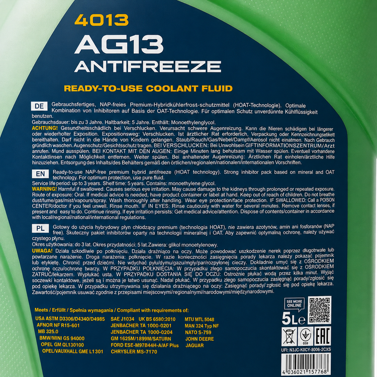 کولانت ضدیخ ضدجوش خودرو مانول 5 لیتر MANNOL COOLANT Antifreeze G13 4013 رنگ سبز ساخت آلمان اصل کد ۲۰۱۶۶۴