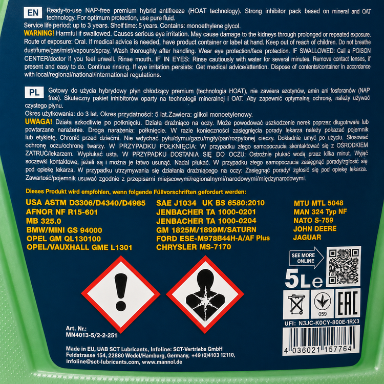 کولانت ضدیخ ضدجوش خودرو مانول 5 لیتر MANNOL COOLANT Antifreeze G13 4013 رنگ سبز ساخت آلمان اصل کد ۲۰۱۶۶۴