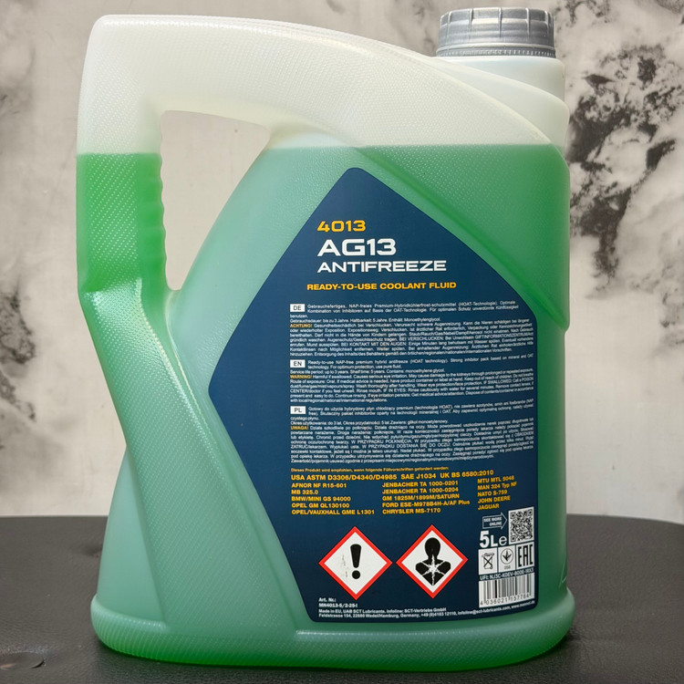 کولانت ضدیخ ضدجوش خودرو مانول 5 لیتر MANNOL COOLANT Antifreeze G13 4013 رنگ سبز ساخت آلمان اصل کد ۲۰۱۶۶۴