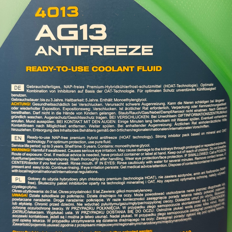 کولانت ضدیخ ضدجوش خودرو مانول 5 لیتر MANNOL COOLANT Antifreeze G13 4013 رنگ سبز ساخت آلمان اصل کد ۲۰۱۶۶۴