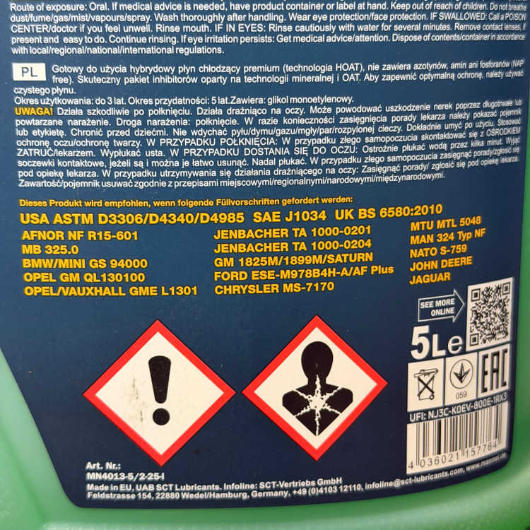 کولانت ضدیخ ضدجوش خودرو مانول 5 لیتر MANNOL COOLANT Antifreeze G13 4013 رنگ سبز ساخت آلمان اصل کد ۲۰۱۶۶۴