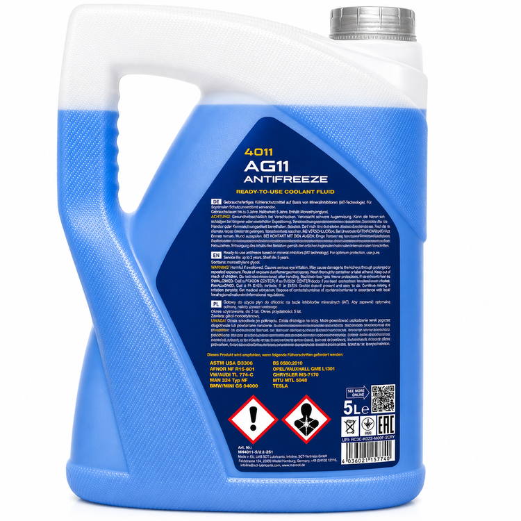 کولانت و ضدیخ ضدجوش خودرو مانول حجم 5 لیتر MANNOL Antifreeze AG11 آبی مدل 4011 ساخت آلمان اصل کد ۲۰۲۴۲۰