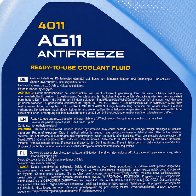 کولانت و ضدیخ ضدجوش خودرو مانول حجم 5 لیتر MANNOL Antifreeze AG11 آبی مدل 4011 ساخت آلمان اصل کد ۲۰۲۴۲۰