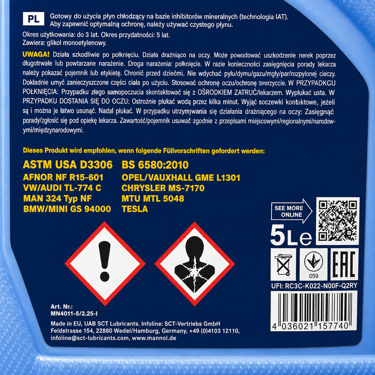 کولانت و ضدیخ ضدجوش خودرو مانول حجم 5 لیتر MANNOL Antifreeze AG11 آبی مدل 4011 ساخت آلمان اصل کد ۲۰۲۴۲۰