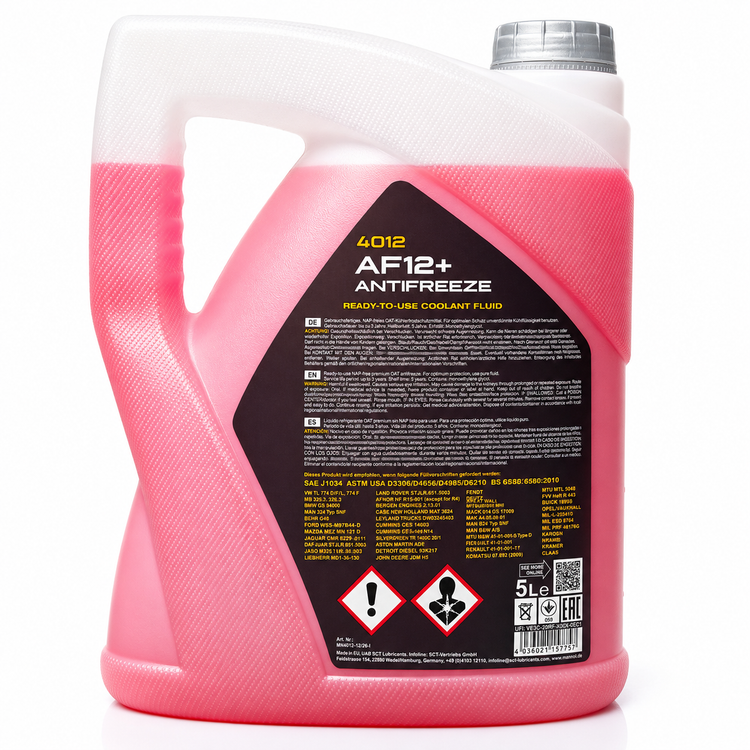 کولانت ضدیخ ضدجوش خودرو مانول ۵ لیتر MANNOL Antifreeze AF12+ (-40 °C) Longlife 4012 رنگ صورتی ساخت آلمان اصل کد ۲۰۲۴۲۱