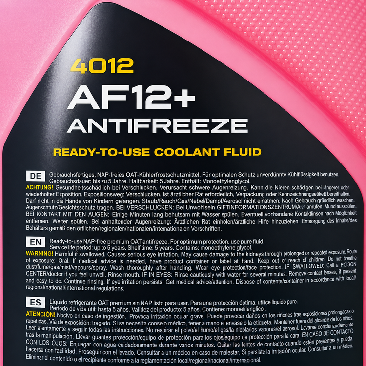 کولانت ضدیخ ضدجوش خودرو مانول ۵ لیتر MANNOL Antifreeze AF12+ (-40 °C) Longlife 4012 رنگ صورتی ساخت آلمان اصل کد ۲۰۲۴۲۱