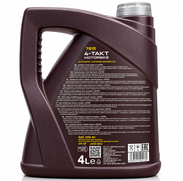 روغن موتور سیکلت مانول مخصوص موتور دنده ای 4 لیتر MANNOL 10W60 SP کد ۷۸۱۵ / ساخت کشور آلمان اصل کد 201662