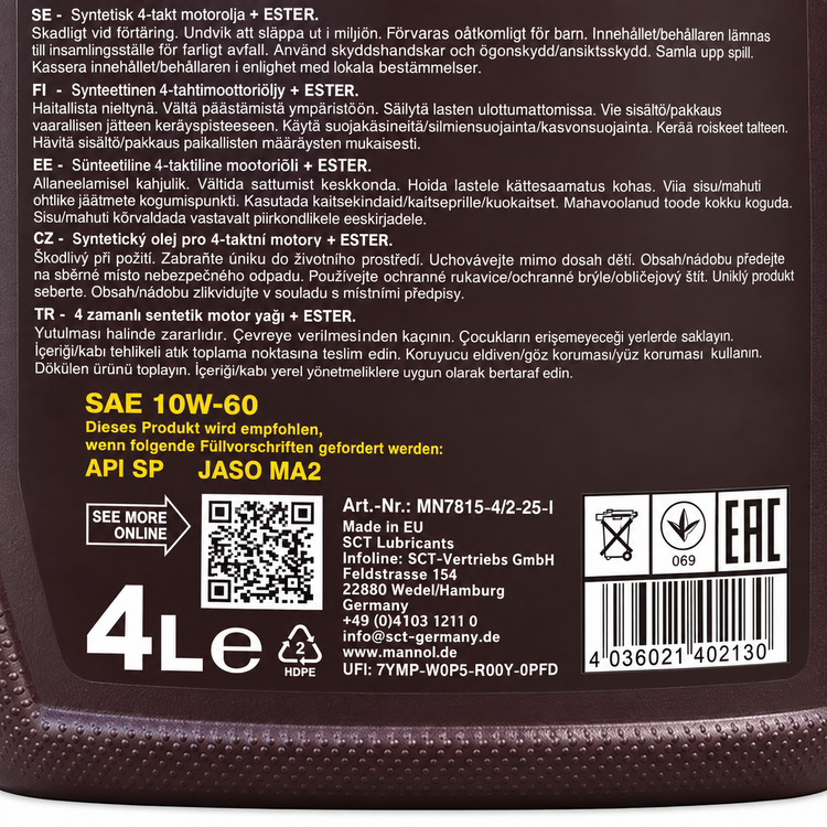 روغن موتور سیکلت مانول مخصوص موتور دنده ای 4 لیتر MANNOL 10W60 SP کد ۷۸۱۵ / ساخت کشور آلمان اصل کد 201662
