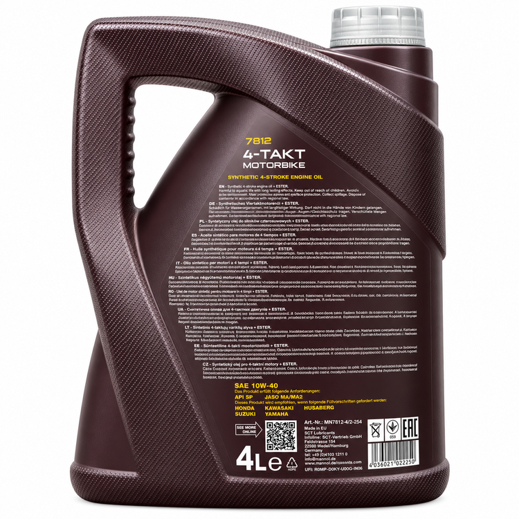 روغن موتور سیکلت مانول مخصوص موتور دنده ای 4 لیتر7812 MANNOL 10W40 SP / ساخت کشور آلمان اصل کد 000233