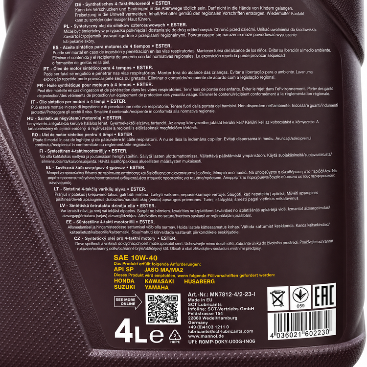 روغن موتور سیکلت مانول مخصوص موتور دنده ای 4 لیتر7812 MANNOL 10W40 SP / ساخت کشور آلمان اصل کد 000233