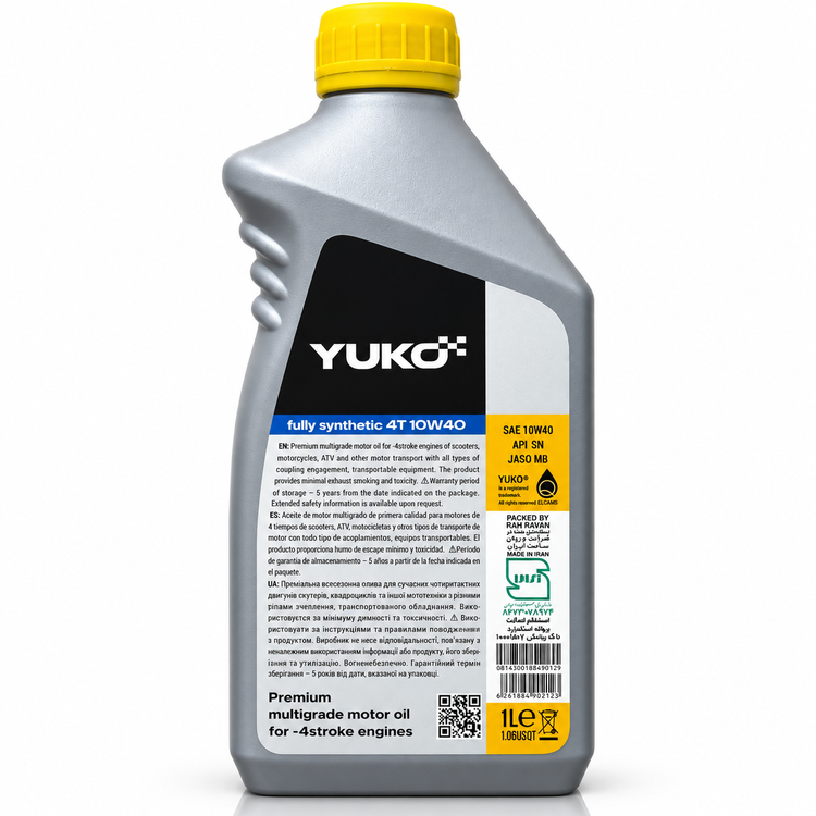 روغن موتور سیکلت یوکو مخصوص موتور های اسکوتر YUKO Fully Synthetic 4T 10W-40 API SN JASO MB حجم 1 لیتر کد 202445