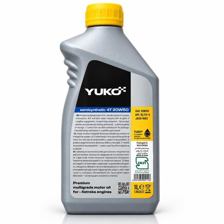 روغن موتور سیکلت یوکو مخصوص موتورهای دنده ای YUKO 4T Semi Synthetic 20W-50 API SL/CF-4 JASO MA2 حجم 1 لیتر کد 202444
