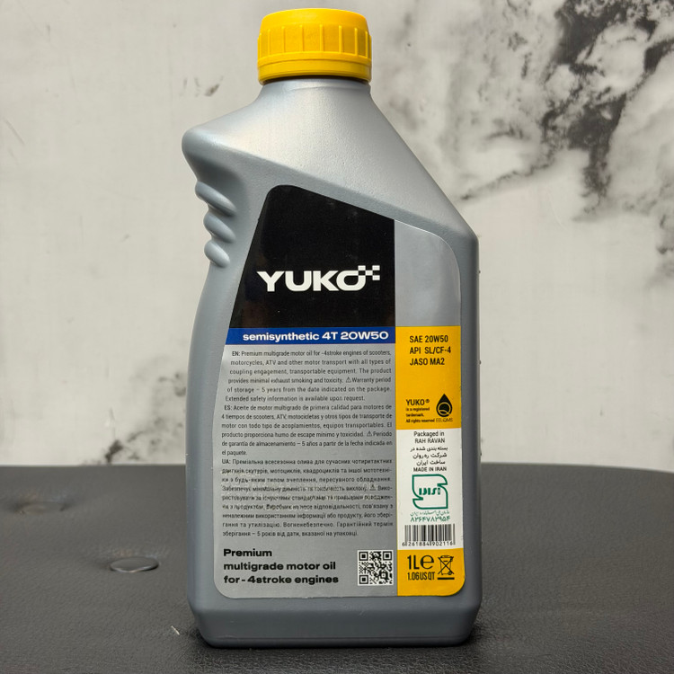 روغن موتور سیکلت یوکو مخصوص موتورهای دنده ای YUKO 4T Semi Synthetic 20W-50 API SL/CF-4 JASO MA2 حجم 1 لیتر کد 202444