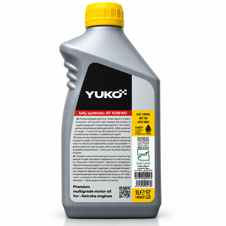 روغن موتور سیکلت مخصوص موتور های دنده ای YUKO 4T Fully Synthetic 10W-40 API SN JASO MA2 حجم 1 لیتر کد 202446