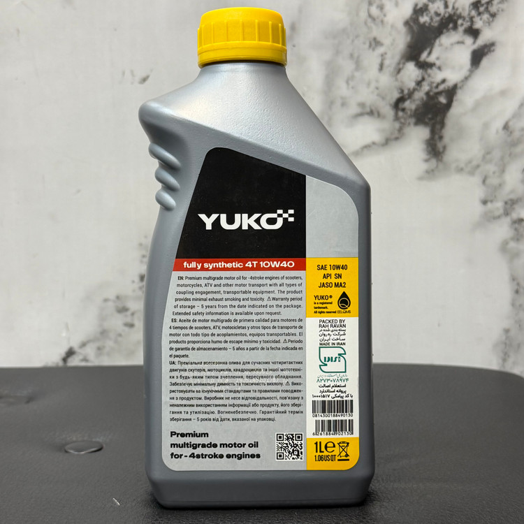 روغن موتور سیکلت مخصوص موتور های دنده ای YUKO 4T Fully Synthetic 10W-40 API SN JASO MA2 حجم 1 لیتر کد 202446